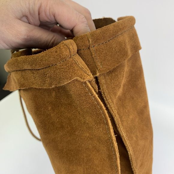 Minnetonka Tan Suede Front Lace Up Tall Boots Tan Fringe Removed 7422 Womens 7 - Picture 12 of 14
